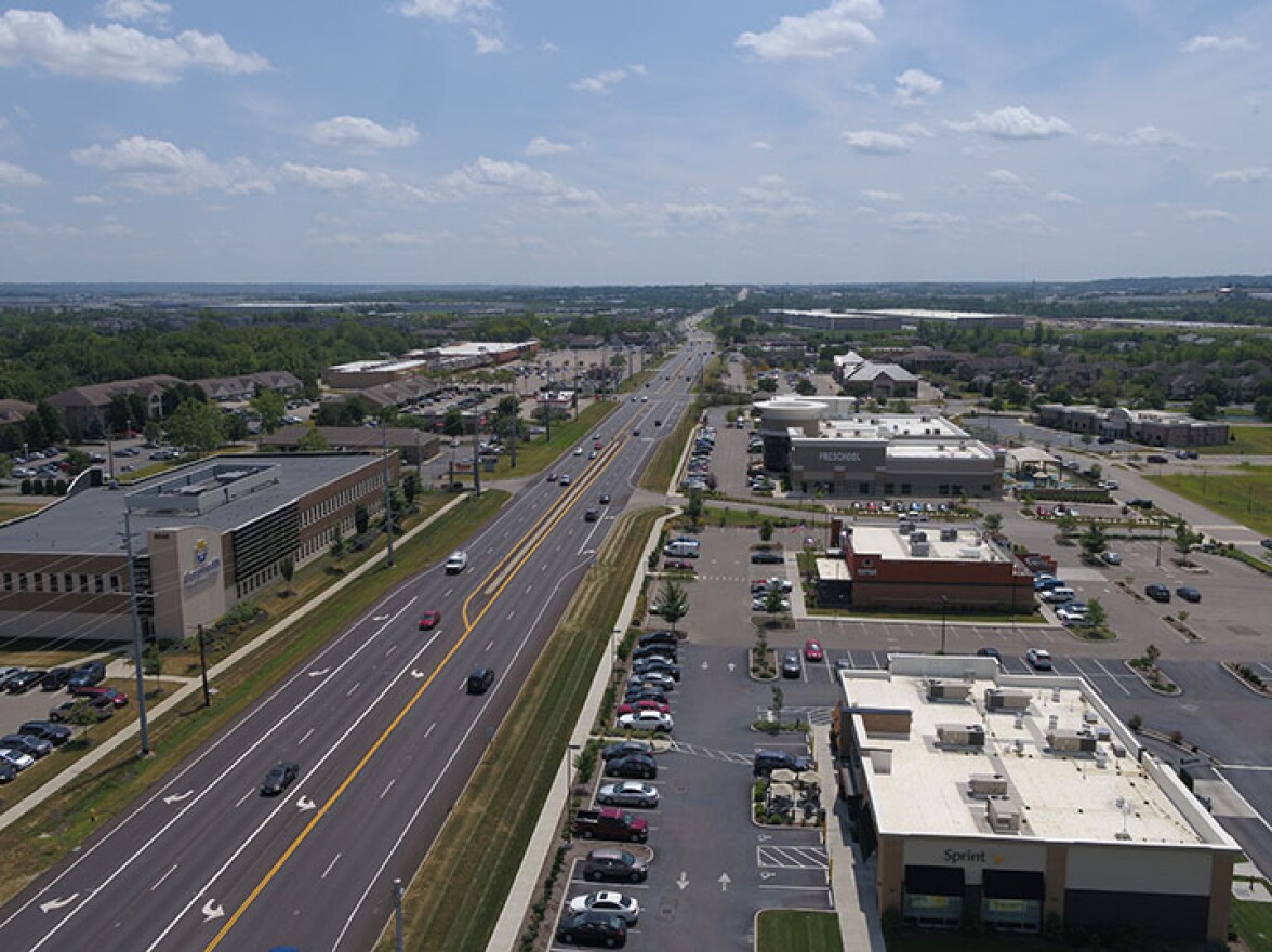 An overhead image of a portion of S.R. 747 where flashing yellow left-turn arrows are being installed.